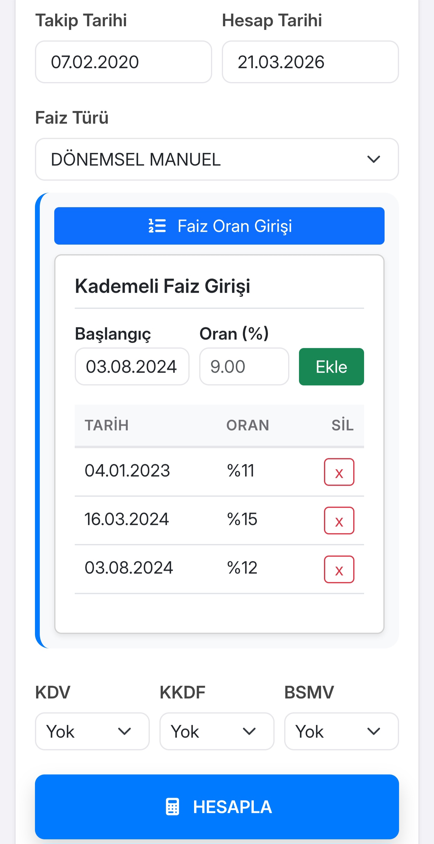 Manuel Dönemsel Faiz Girişi Ekranı