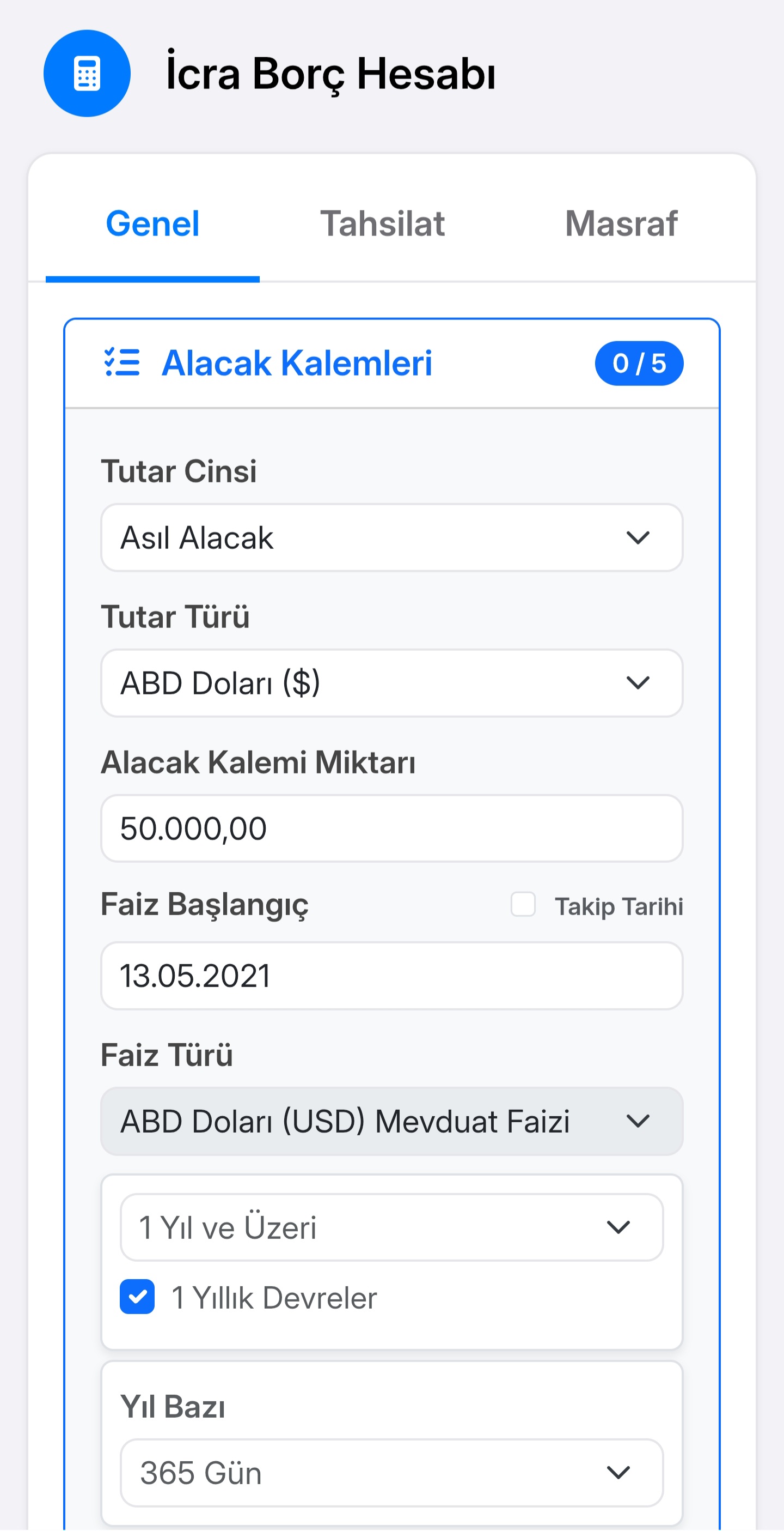 İcra Borç Hesabı Ekranı